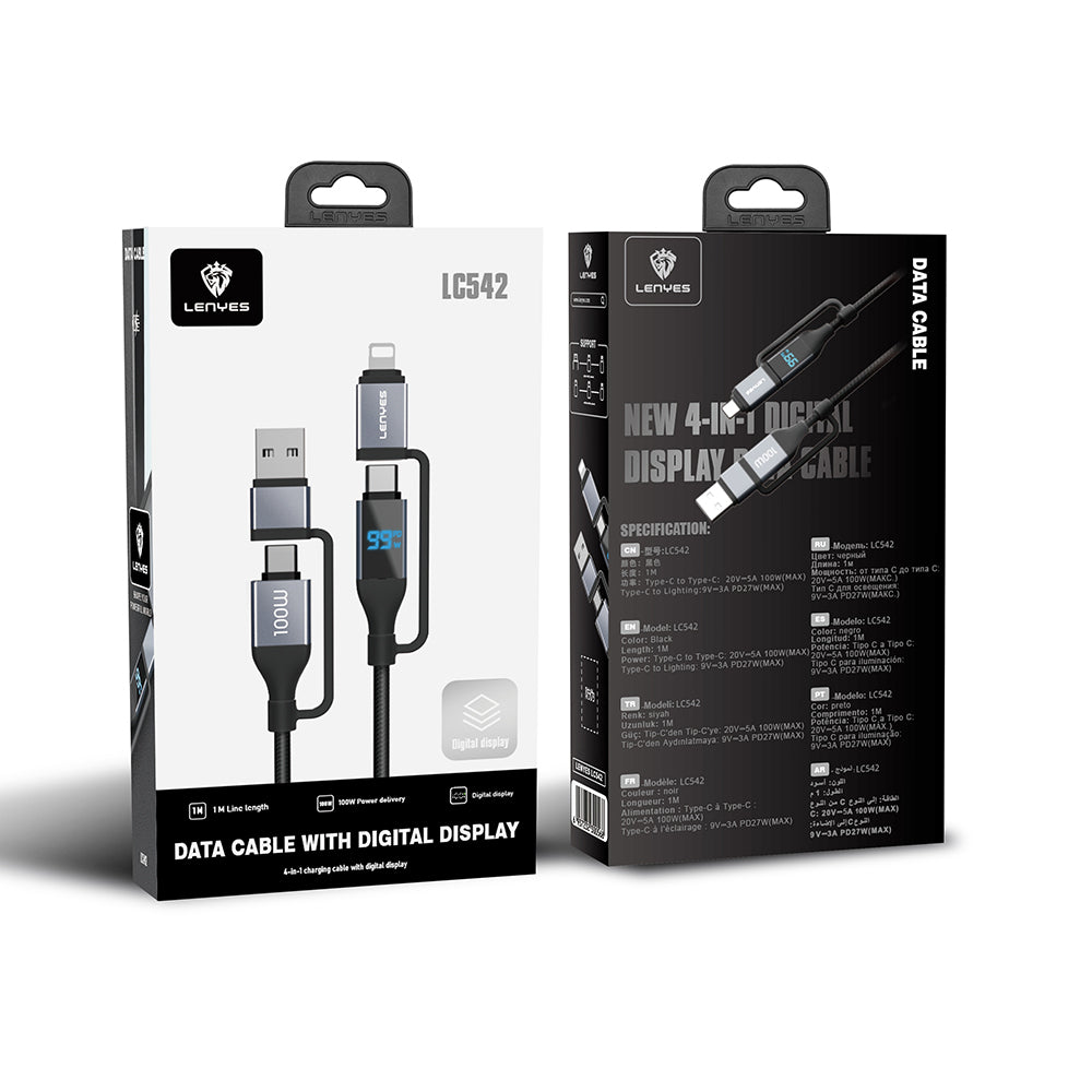 Lenyes LC542 Dijital Göstergeli 4in1 USB-A - Type-C + Type-C to Lightning 100W 1M Lenyes LC542 Dijital Göstergeli 4in1 USB-A - Type-C + Type-C to Lightning 100W 1M